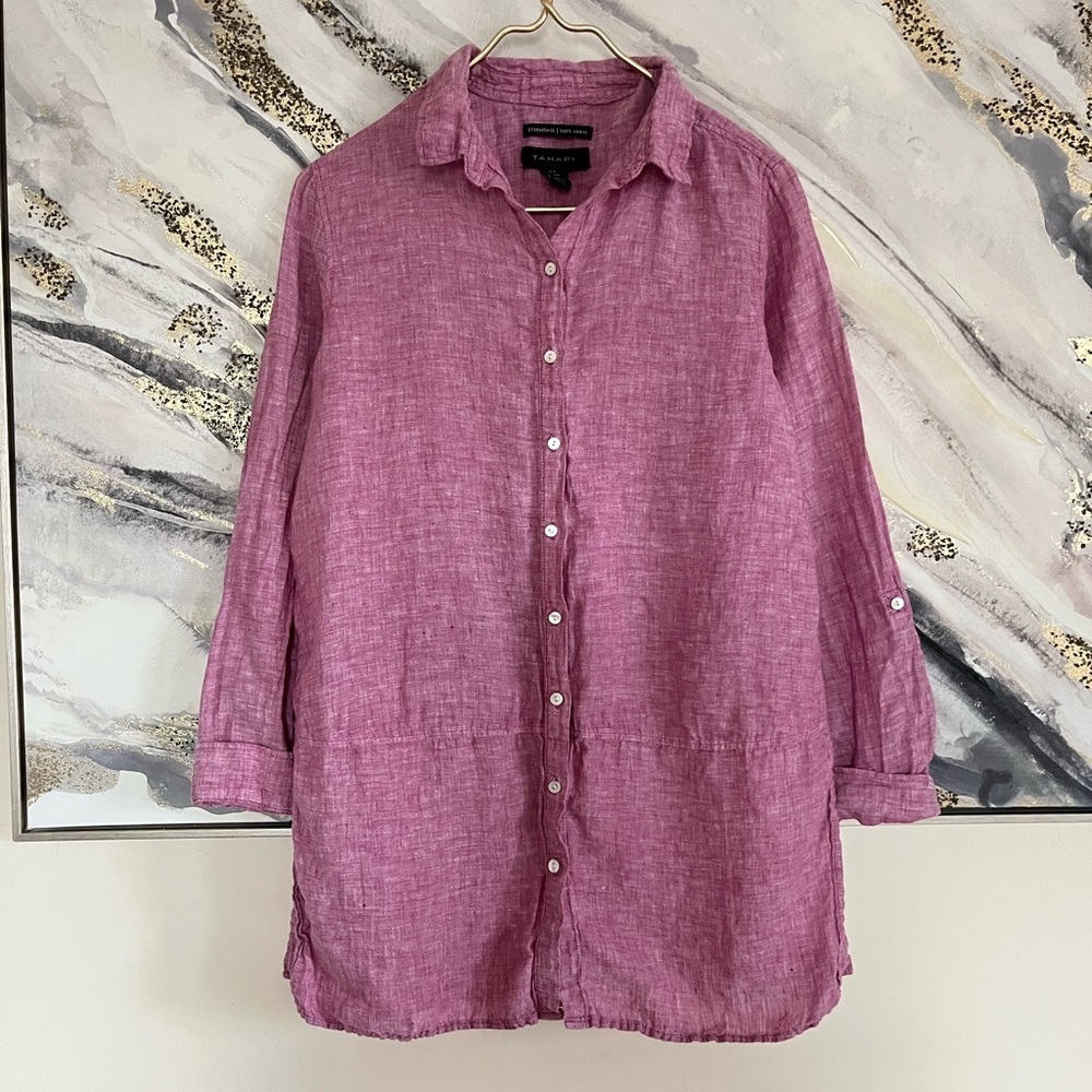 Tahari Men's Casual Button Down 100% linen Shirt in Purple classic vacation